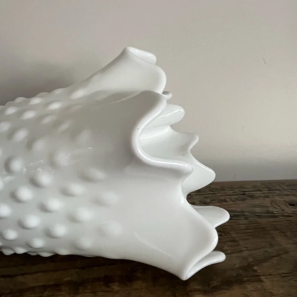 Vintage Fenton Milk Glass Hobnail Handkerchief  Vase